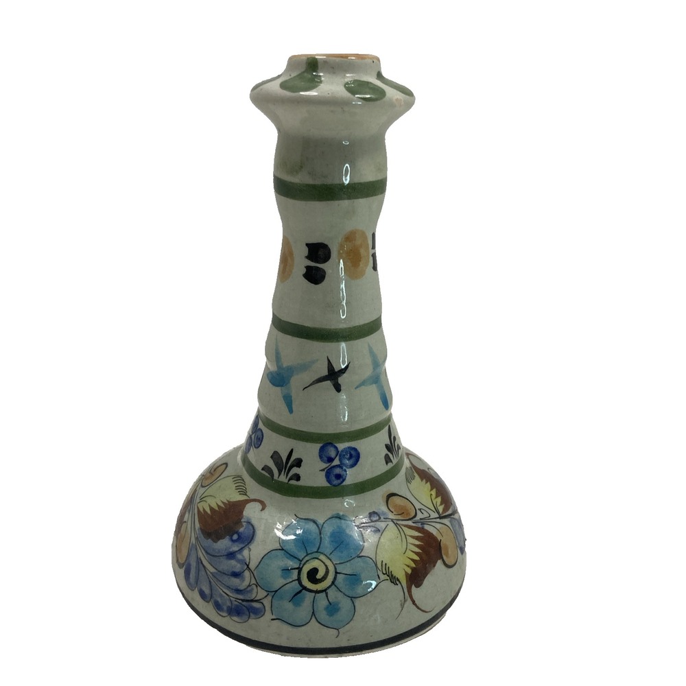 Vtg Mexican Floral Tonala Pottery Candle Stick Folk Art Signed 6 3/8" tall